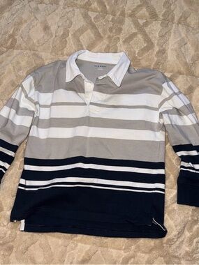 Old Navy Gray & White Striped Rugby Polo